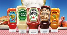 an advertisement for heinz's ketchup and salad dressings on a table