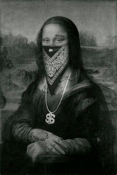 a black and white photo of a woman with a bandana on her face, in front of a painting