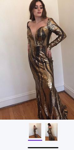 a woman in a gold sequin dress posing for the camera with her hands on her hips