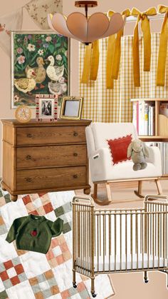 a baby's room is decorated in yellow and red colors with an old fashioned crib