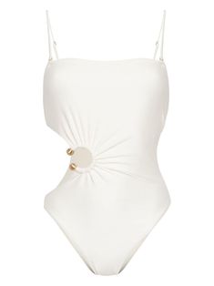 off-white stretch-design cut-out detailing gathered detailing gold-tone hardware square neck adjustable spaghetti straps high cut Be mindful to try on swimwear over your own garments. Wedding Bathing Suit, Bathing Suits One Piece, White Bikinis, Cut Out Swimsuits, Be Mindful, Cult Gaia, White Party, Party Looks, High Cut