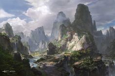 an artist's rendering of a mountain landscape with waterfalls and mountains in the background