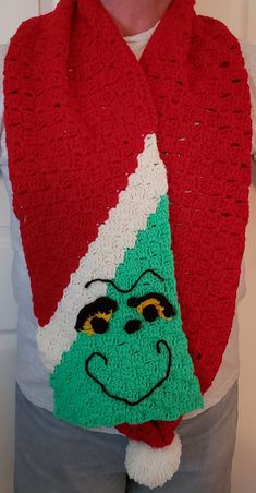 "Handmade Crochet Happy Elf  Scarf is 11 W x 71\" L  Wonderful Christmas time Scarf is hand made and shows a Happy Green Elf Filled with Holiday Cheer and has a pom pom on the other end." Elf Scarf, Christmas Pom Pom, Green Elf, Santa Head, Ceramic Bunny, Bunny Rabbit, Easter Decorations, Handmade Crochet, Holiday Cheer