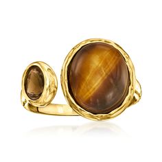 Ross-Simons - Tiger Eye, .30ct Smoky Quartz Toi et Moi Ring Over Sterling. Size 6. French for "you and me," Toi et Moi rings are a unique way to celebrate a special relationship in your life. Wear our on-trend, two-stone designs as a sentimental symbol of romance, friendship, family - or simply treat yourself to double the sparkle! This earthy statement features a 12x10mm oval tiger eye cabochon beside a rich .30 carat oval smoky quartz. Finely crafted in hammered and polished 18kt yellow gold o Tiger Eye Stone Jewelry, Tigers Eye Ring, Tiger Eye Ring, Tiger Eye Jewelry, Cabochon Ring, Eye Ring, Tiger Eye Stone, Stone Design, Color Theory