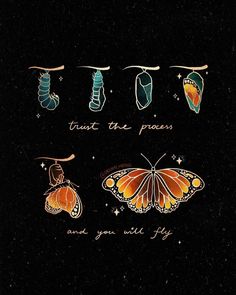 an image of butterflies with the words trust the process and you will fly on them