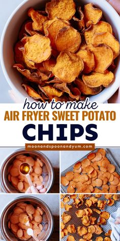 An easy appetizer recipe for air fried veggie chips! It's one of the best game day recipes. Crispy while being healthy, these Air Fryer Sweet Potato Chips are a fun party snack. Plus, they're gluten-free, vegan, plant-based, dairy-free, soy-free, nut-free, and grain-free! Air Fryer Sweet Potato Chips, Healthy Chip Alternative, Sweet Potato Chips Recipe, Healty Dinner, Sweet Potato Slices, Homemade Chips, Sweet Potato Chips, Air Fryer Recipes Chicken, Air Fryer Healthy