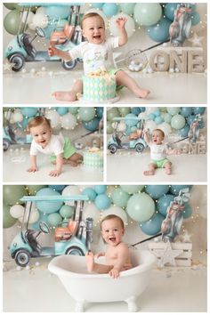 a baby is sitting in a bathtub with balloons around him and smiling at the camera