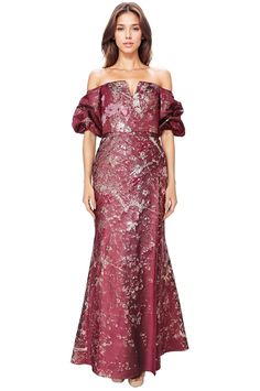 Off The Shoulder Gathered Puff Sleeve Brocade Gown with Notched Neckline Brocade Gown, Fit And Flare Gown, Flare Gown, Notched Neckline, Pre Fall Collection, Romantic Drama, Real Women, Puff Sleeves, Fit And Flare