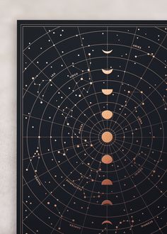 a black poster with white stars and moon phases on it, in front of a wall