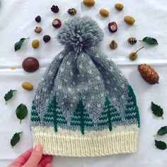 a knitted beanie hat with pine cones, nuts and leaves around it on a white surface