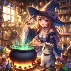 a girl dressed as a witch with her cat and caulder