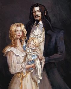 a painting of a man and woman holding a baby in front of a black background