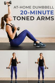 a woman is doing dumbbell exercises with two dumbs on her knees and one squatting