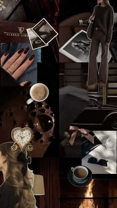 a collage of photos with different things in the background including coffee, candles and other items