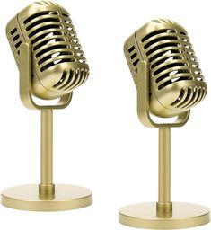 two gold colored microphones on stand against a white background