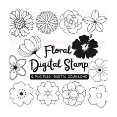 the floral digital stamp is shown in black and white