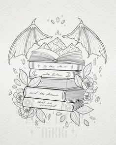 some books are stacked on top of each other with wings flying over them and flowers