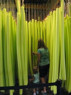 a woman and child standing in front of large green sticks