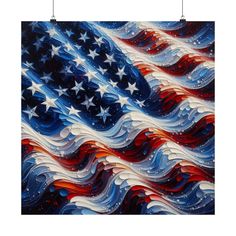 an american flag made out of glass with wavy waves and stars on it's side