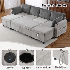 the sectional sofa bed has multiple storage pockets