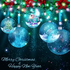 merry christmas and happy new year greeting card with three baubles hanging from a string