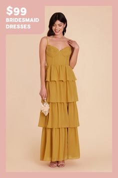 a woman in a yellow dress with the words $ 99 bridesmaid dresses on it