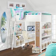 a white loft bed with a desk and chair underneath it in a room filled with furniture