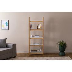 a living room with a couch, book shelf and potted plant