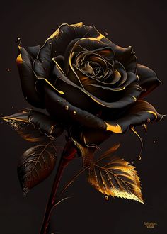 a black and gold rose with water droplets on it