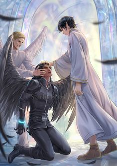 an angel kneeling down next to a man