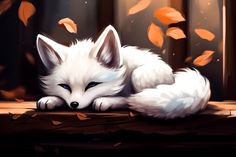 a white fox laying on top of a wooden floor next to leaves and falling from the sky