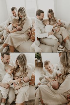 a family is sitting on the couch with their baby in their arms and looking at each other