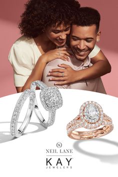 two engagement rings and an engagement ring are shown with the caption's name