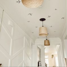 two lamps hanging from the ceiling in a hallway