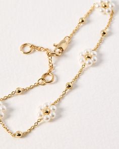 Gold Chain Bracelet, Golden Chain, Oliver Bonas, Gold Bracelet Chain, Layered Bracelets, Pearl Flower, Flower Bracelet, Flower Charm, Gold Flowers