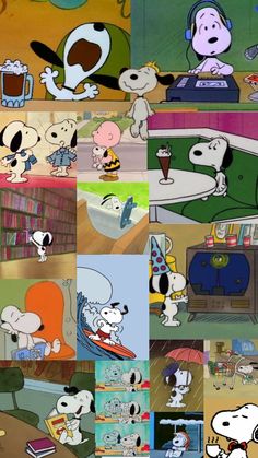 many different cartoon characters are in the same room with one person sitting at a desk