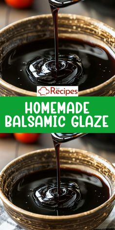 homemade balsamic glaze is being poured into a bowl