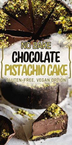 no bake chocolate pistachio cake with text overlay