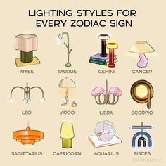 the different types of lighting styles for every zodiac sign, including astrological symbols and their meanings