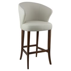 a white leather bar stool with wooden legs and an upholstered backrest, viewed from the front