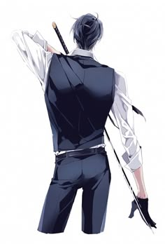 the back view of an anime character holding two swords