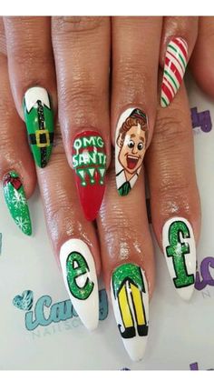 Christmas Film Nails, Funky Christmas Nails Acrylic, Quirky Christmas Nails, Christmas Nails Elf, Christmas Movie Nail Art, Christmas Nails Characters