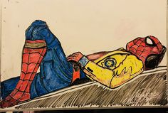 a drawing of a spiderman laying on the ground next to a yellow object with eyes