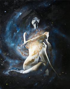 a painting of a woman in the middle of space with her arms around her body