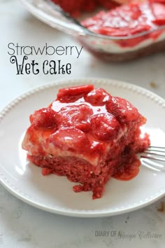 a piece of strawberry wet cake on a plate with a fork