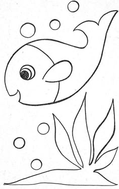 a drawing of a fish in the water with bubbles and leaves on it's side