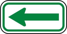 an arrow pointing to the left on a green and white sign with black outlines