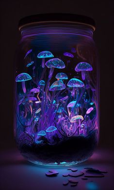 a jar filled with lots of glowing blue and purple jellyfish in the dark water