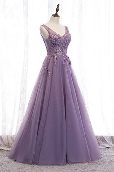 Purple V-Neck Lace Long Prom Dresses A Line Prom Dress, Purple Prom, Purple Prom Dress, فستان سهرة, A Line Prom Dresses, Lace Evening Dresses, Prom Dresses Lace, Evening Party Dress, Wedding Dress Long Sleeve