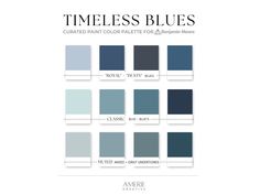 the color palettes for this book are blue, gray and white with text that reads'timeless blues '